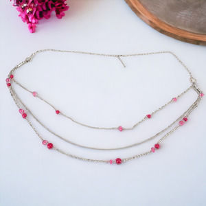Silver Tone Necklace Pink Beads Three Strand Style Fashion Costume Jewelry